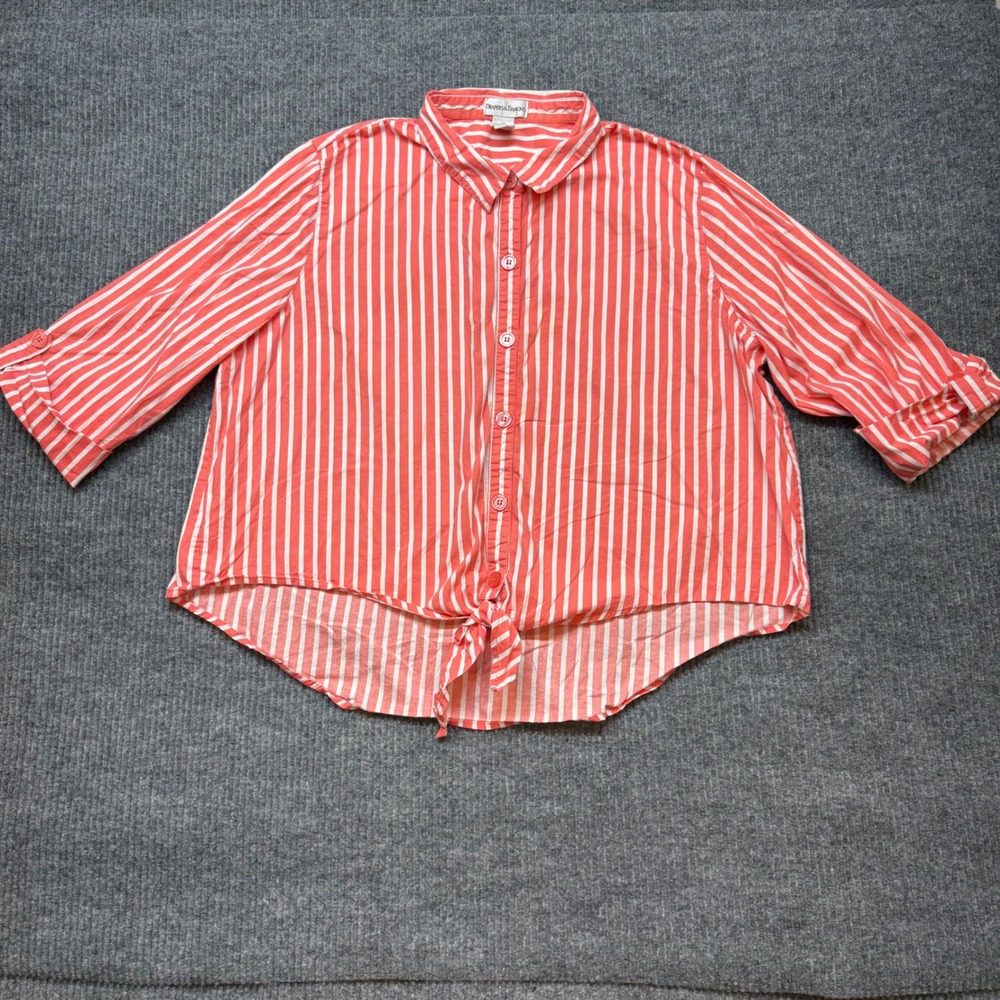 Tie Front Button-Up Nautical Blouse 2X Red White Striped‎ 3/4 Sleeve